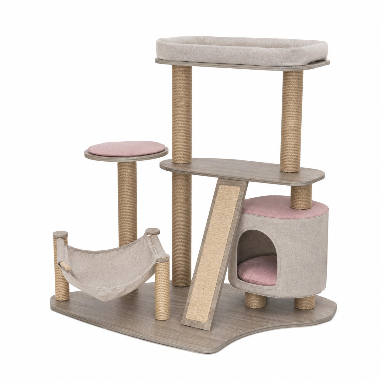 Árbol para gatos de varios niveles de madera y sisal con cueva, hamaca y plataformas Gris/Rosa