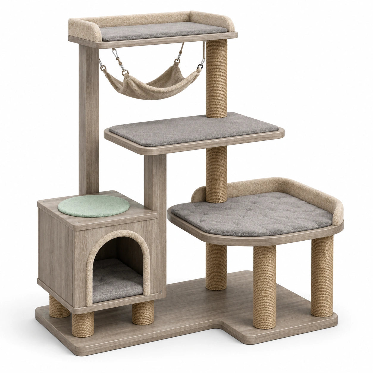 Árbol Rascador para Gatos de Madera Beige y Gris con Hamaca