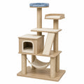 Árbol para gatos de madera con cojines de tela azul y beige, 5 niveles