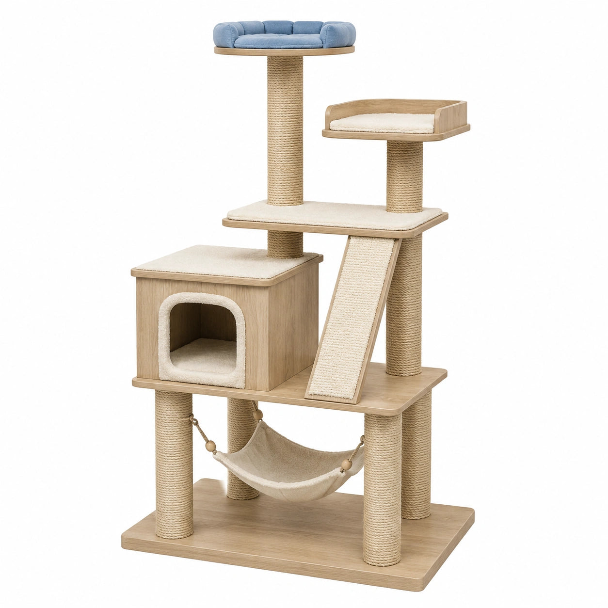 Árbol para gatos de madera con cojines de tela azul y beige, 5 niveles