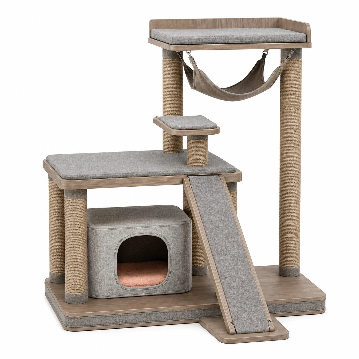 Árbol para gatos de madera con postes de sisal y tela gris