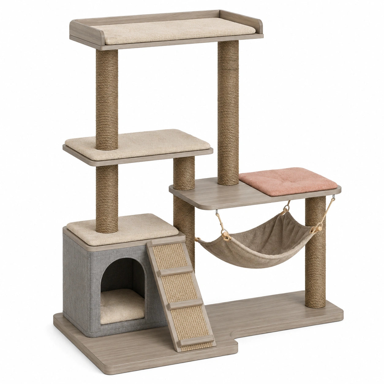 Árbol para Gatos con Cueva, Rascador y Hamaca de Madera y Yute 140 cm Beige