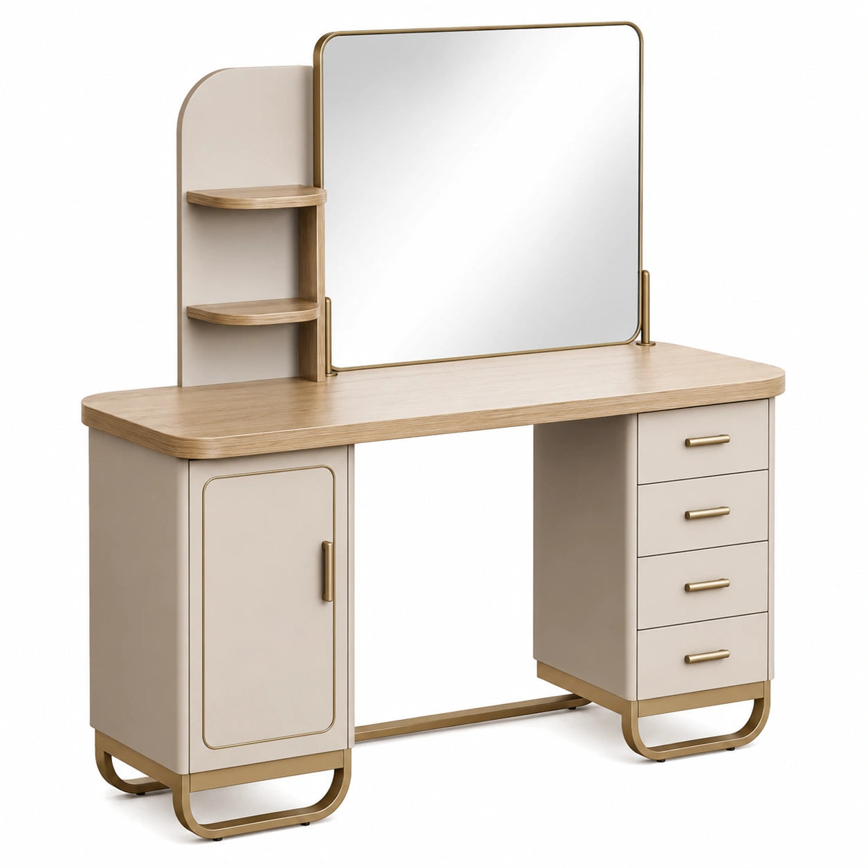Tocador de Madera y Metal Beige con Espejo y Cajones