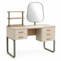 Tocador de madera contrachapada y metal con espejo y estanterías beige y verde