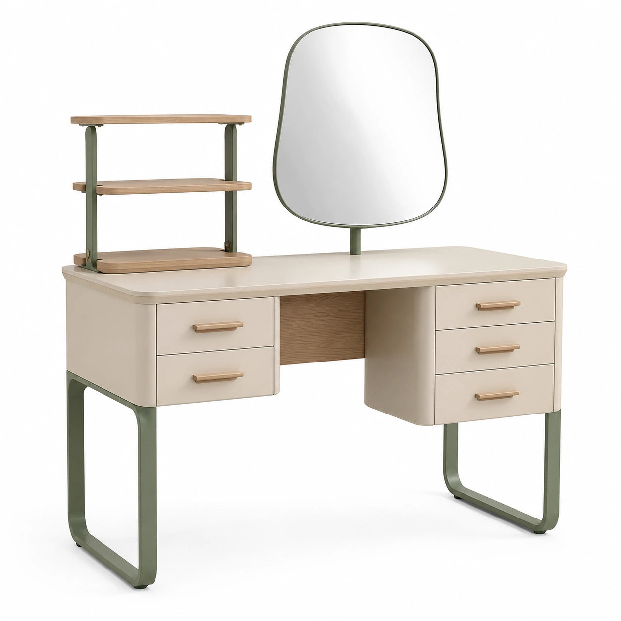 Tocador de madera contrachapada y metal con espejo y estanterías beige y verde