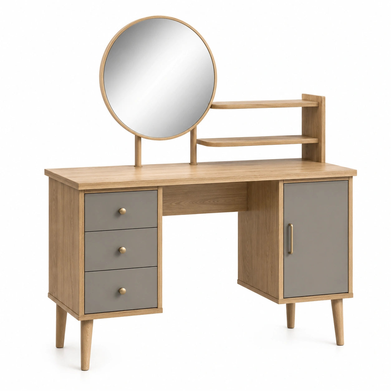 Tocador de Madera y MDF con Espejo Redondo y Cajones
