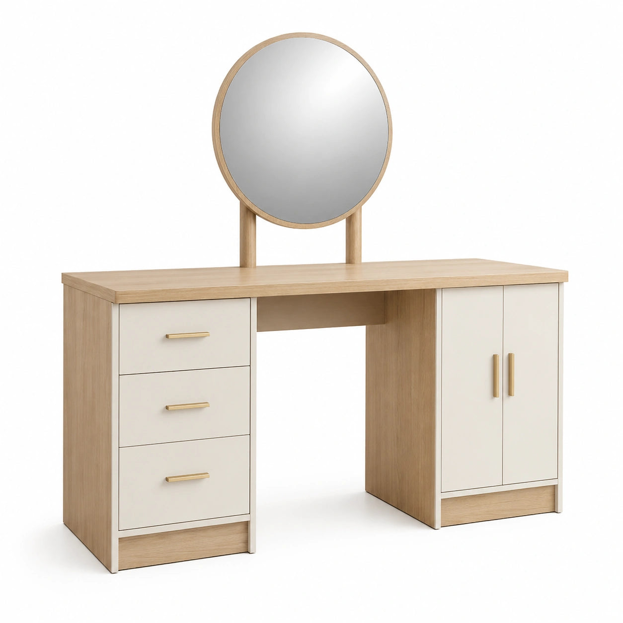 Tocador con Espejo Redondo de Madera y Melamina Beige/Roble 120cm