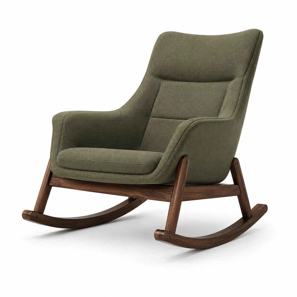 Sillón mecedora de tela verde con marco de madera