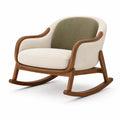 Mecedora de madera con cojín de tela beige y respaldo verde