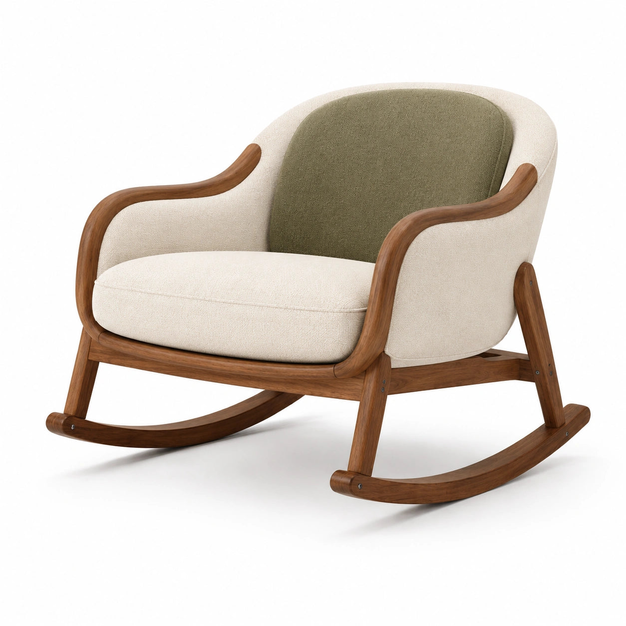 Mecedora de madera con cojín de tela beige y respaldo verde