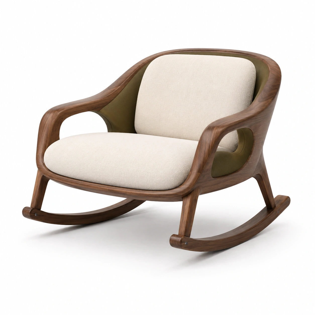 Silla mecedora de madera de nogal y tapizado en beige