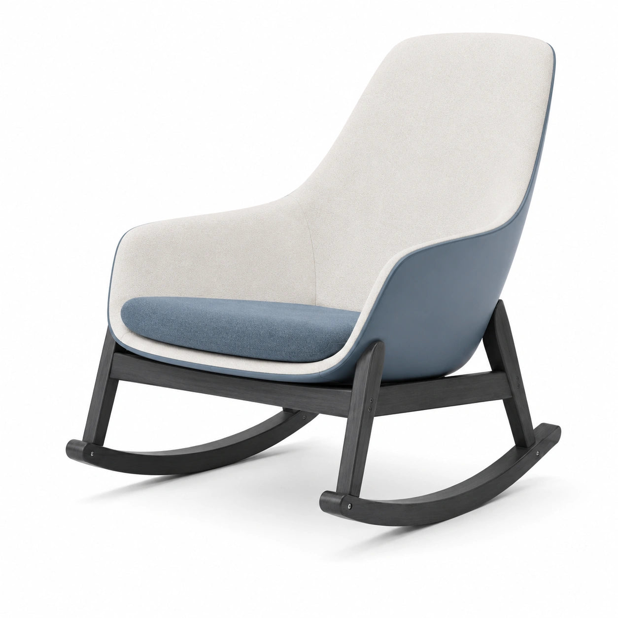 Silla mecedora de tela Beige y Azul con estructura de madera