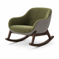 Silla mecedora de tela verde oliva y gris con marco de madera