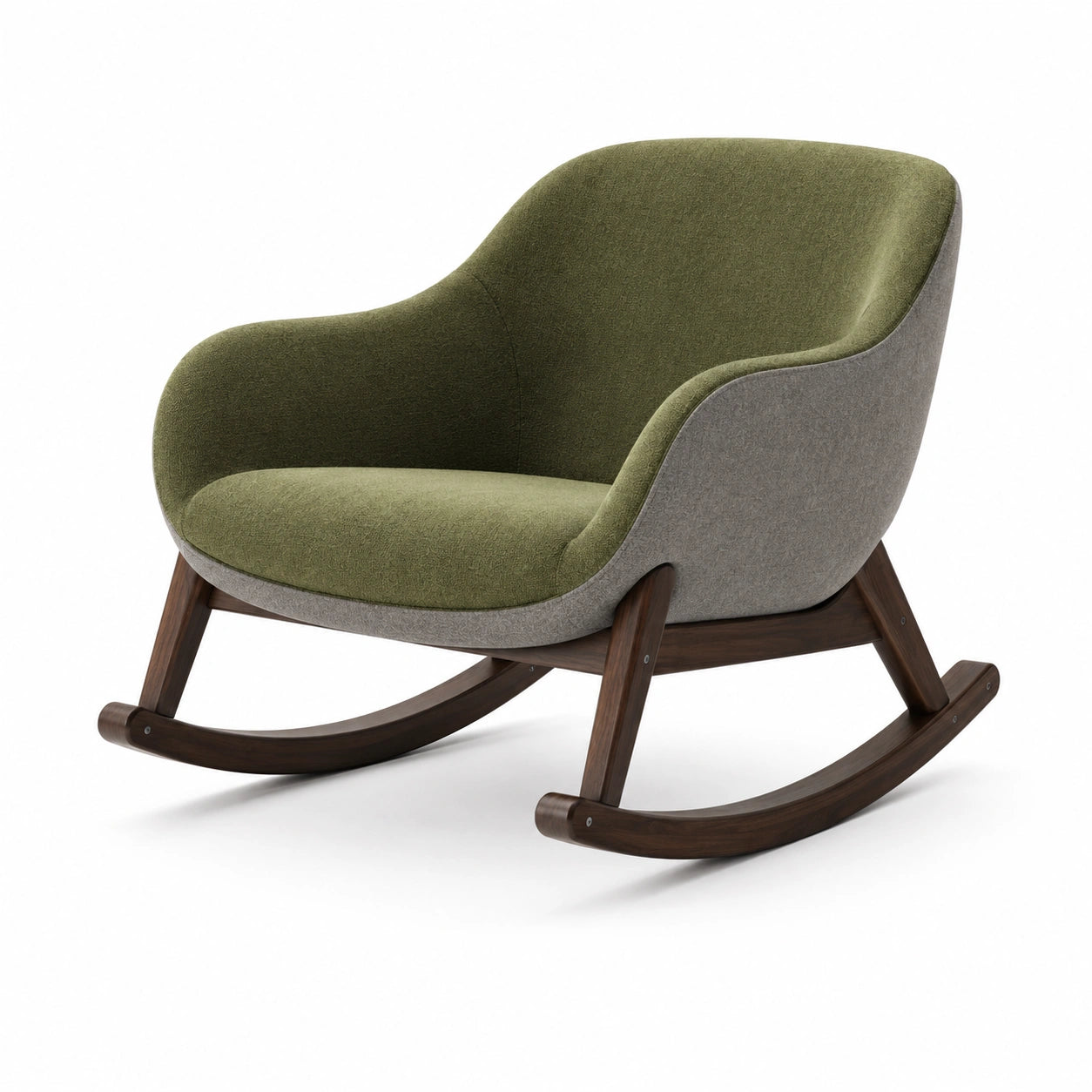 Silla mecedora de tela verde oliva y gris con marco de madera