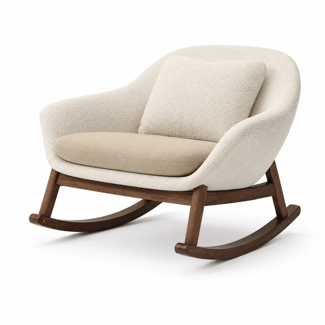 Silla mecedora de madera con tela bouclé y cojín de algodón