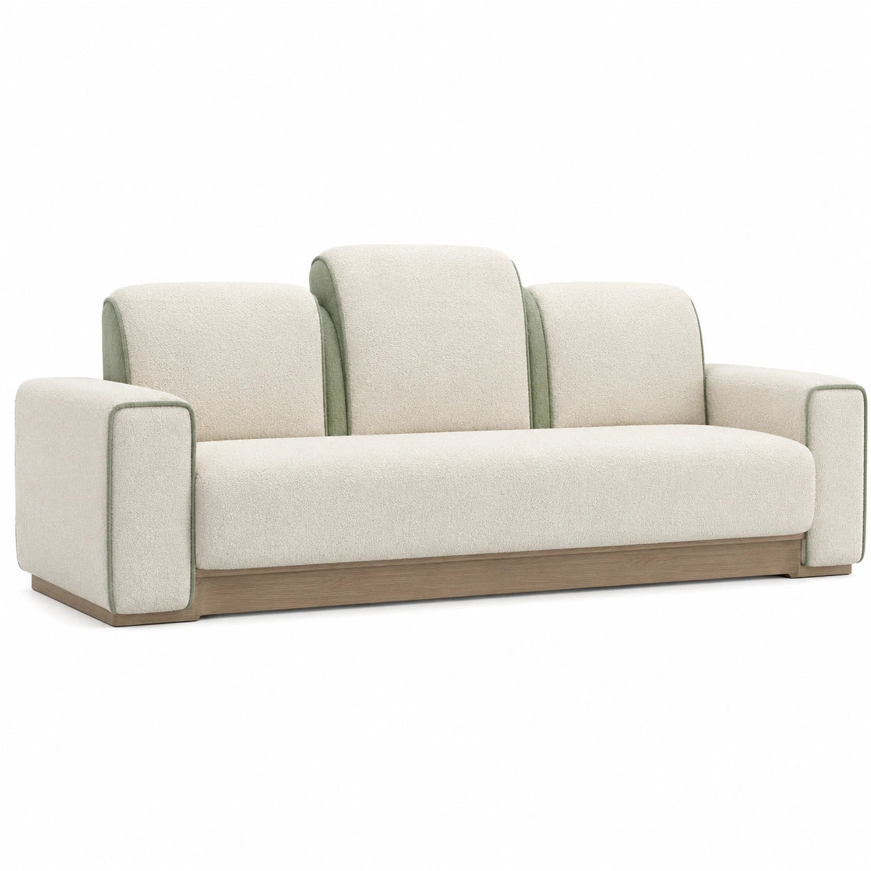 Sofá de Tela Beige y Verde con Base de Madera