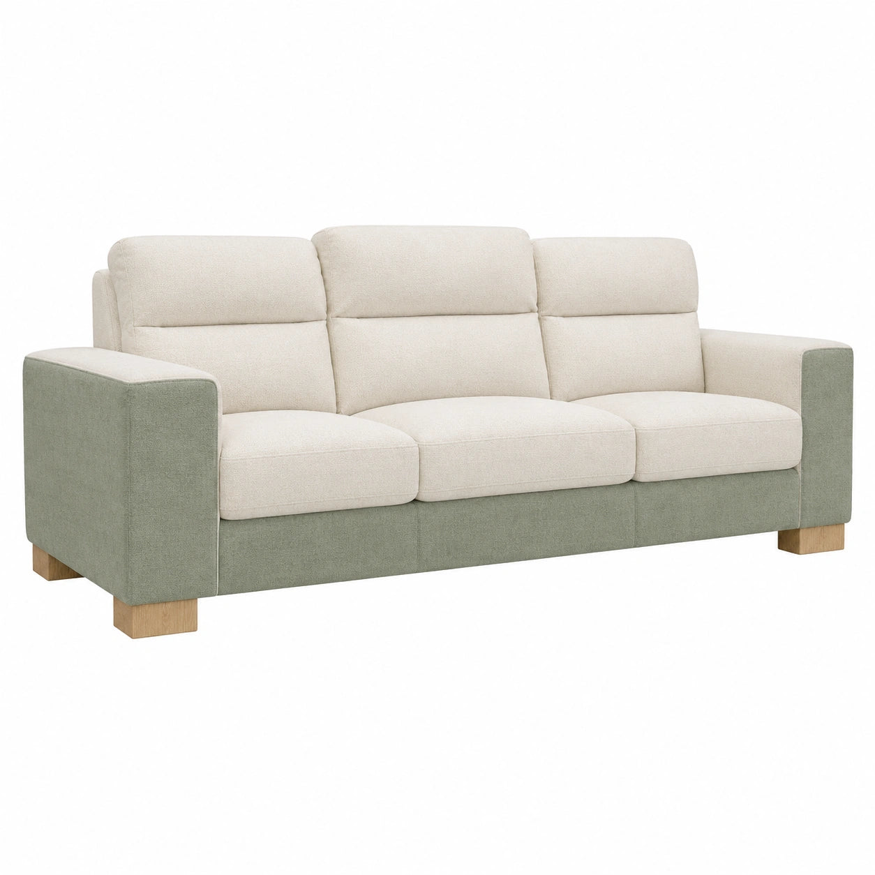 Sofá de Tela Beige y Verde con Patas de Roble 200cm