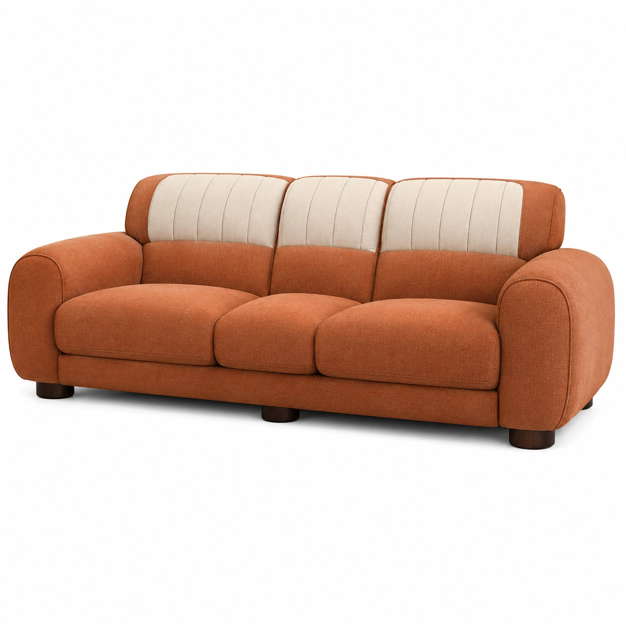 Sofá de tres plazas de tela naranja y beige con patas de madera