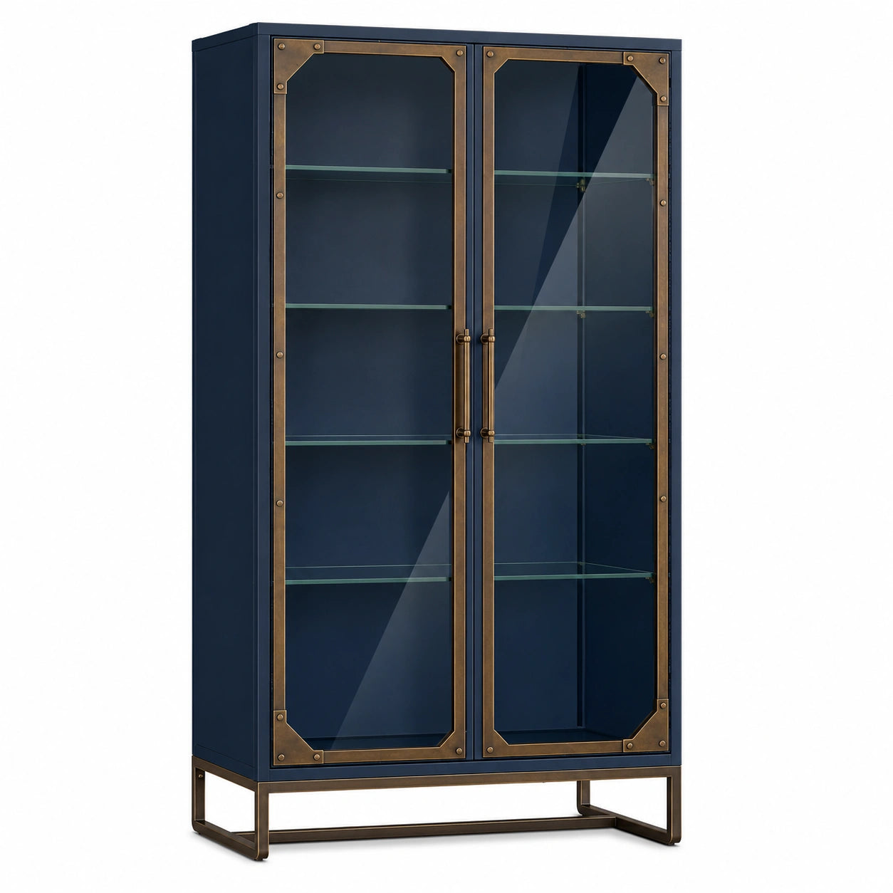 Vitrina de madera azul con puertas de vidrio templado