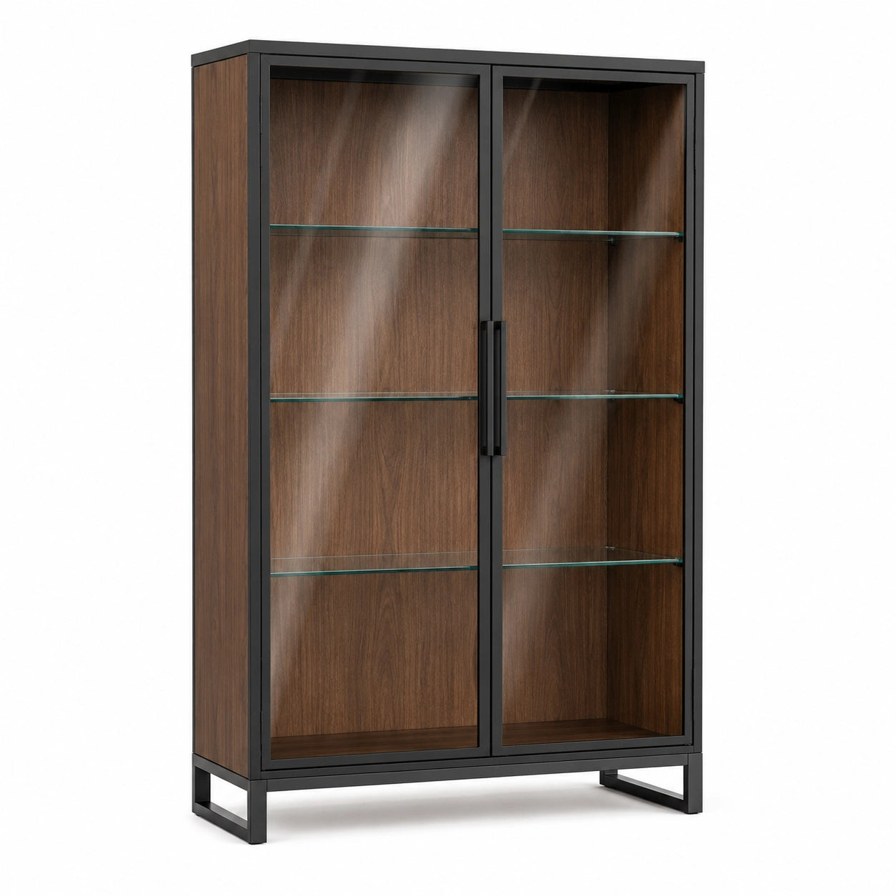 Vitrina de madera y vidrio con marco de metal negro