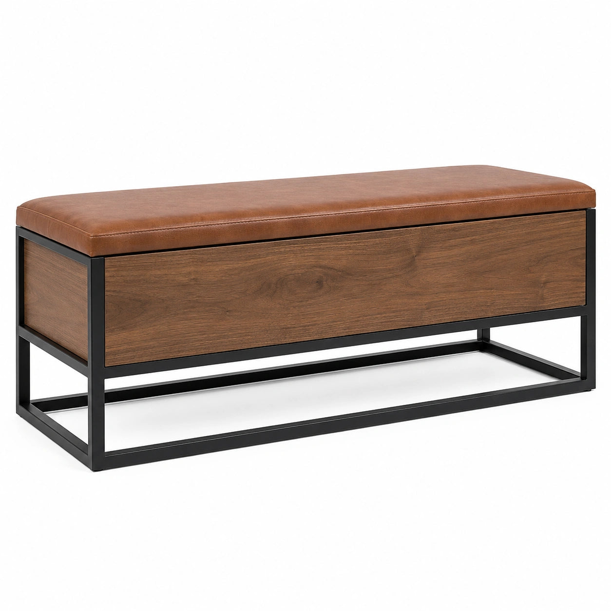 Banco de Almacenaje de Metal y Madera con Asiento de Cuero