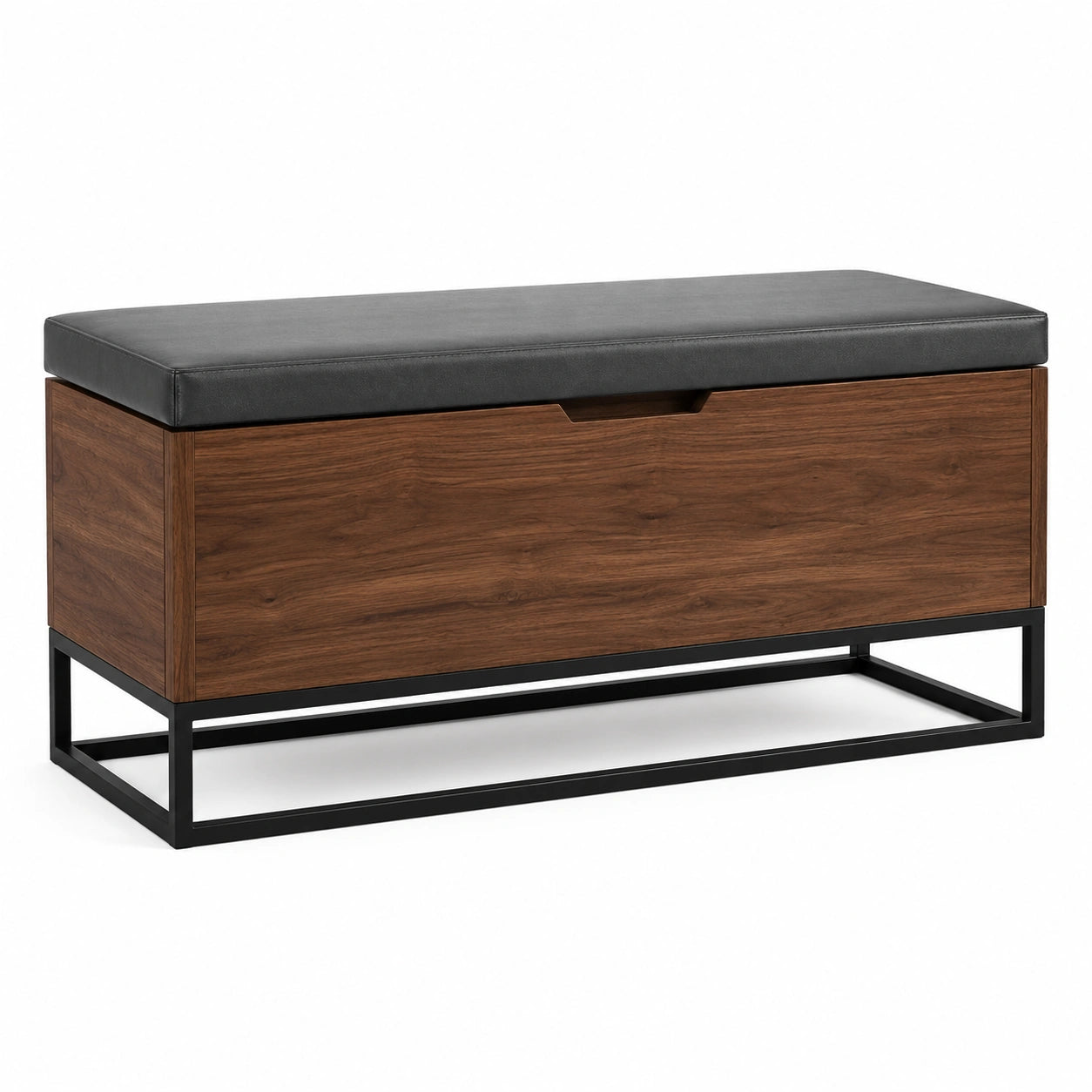 Banco de almacenamiento de madera con cojín de cuero sintético gris y base de metal