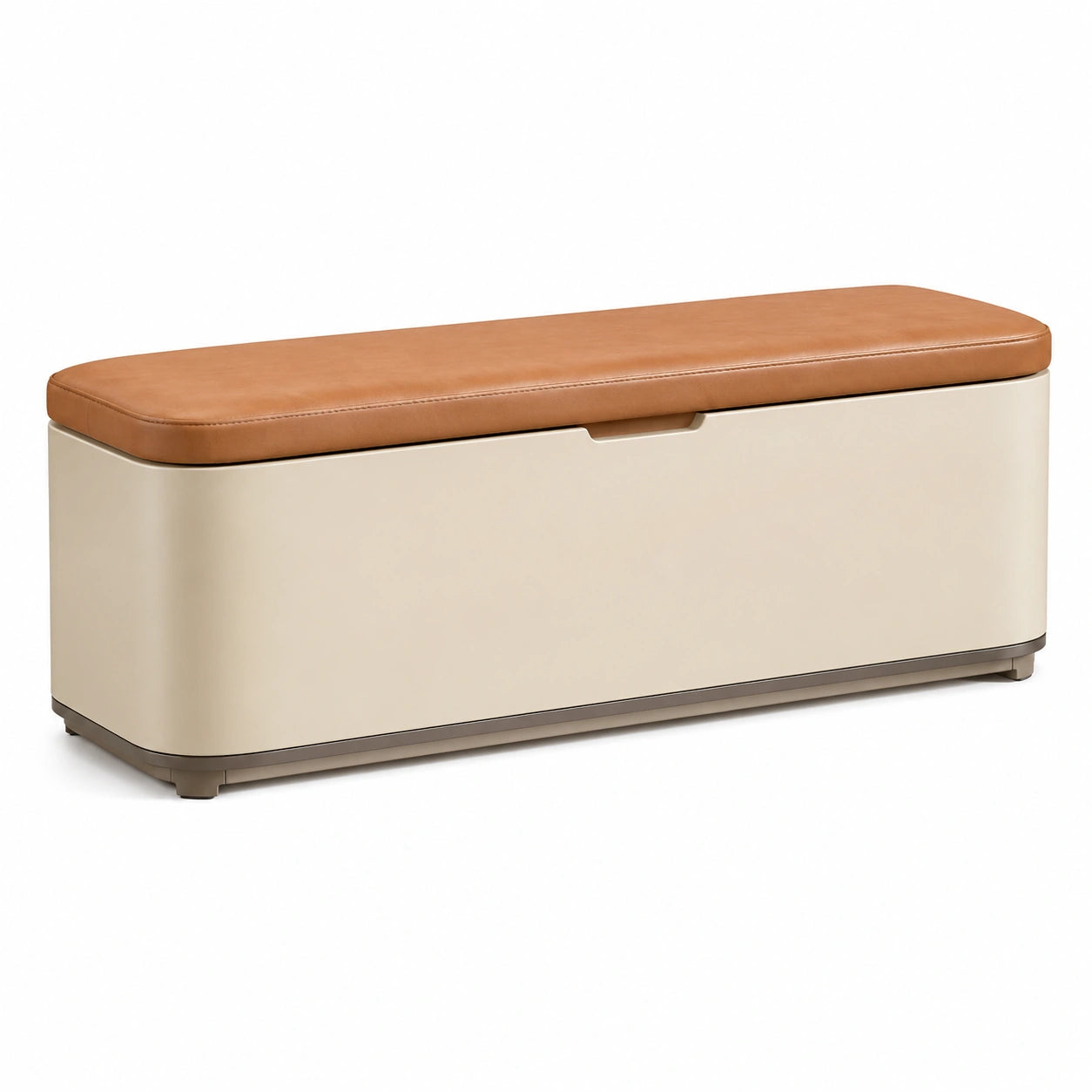 Banco de metal beige con cojín de cuero marrón