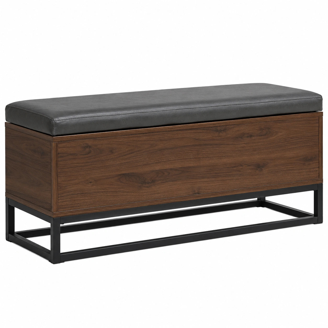Banco de almacenamiento de madera con cojín de cuero sintético negro