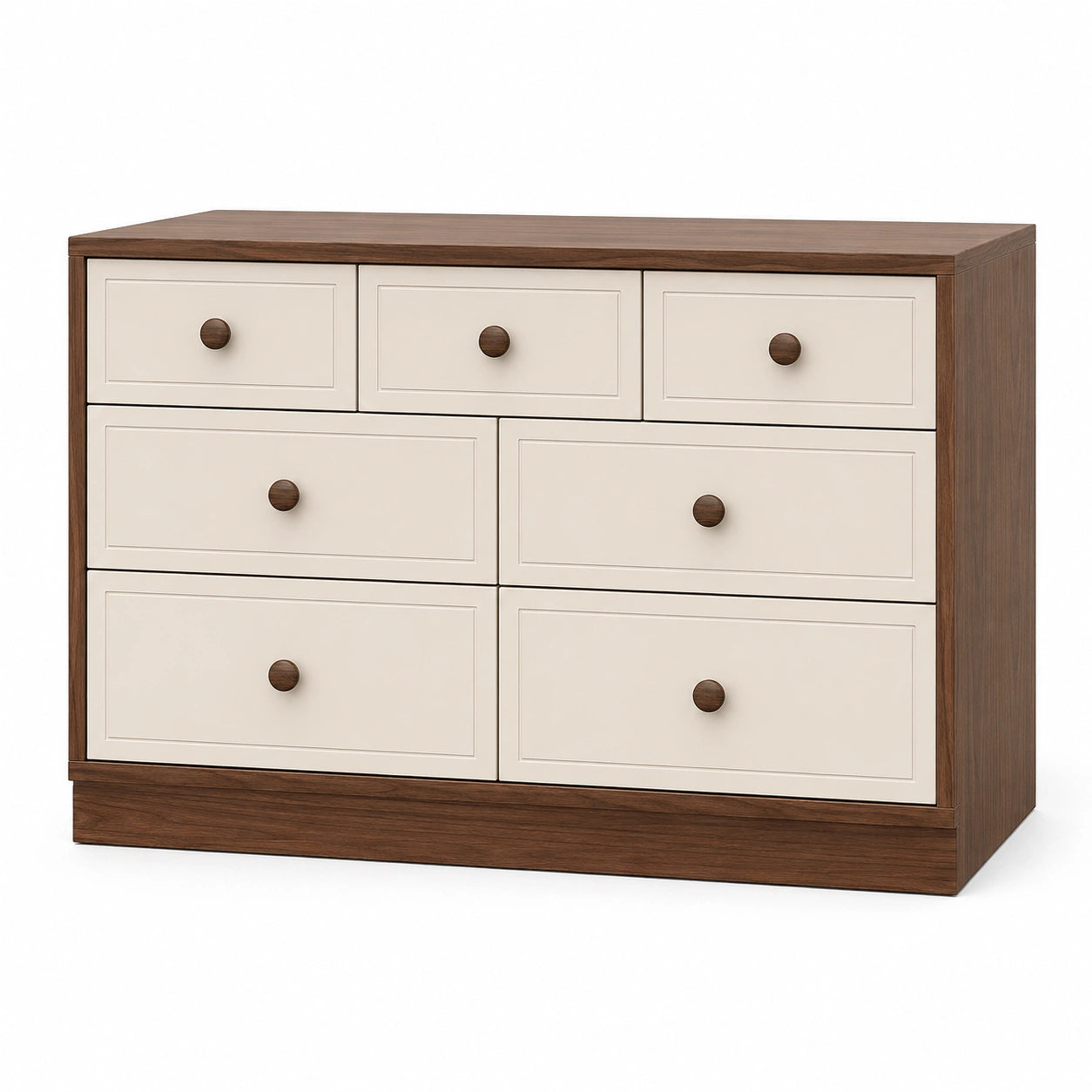 Cómoda de 7 cajones de madera nogal y MDF beige