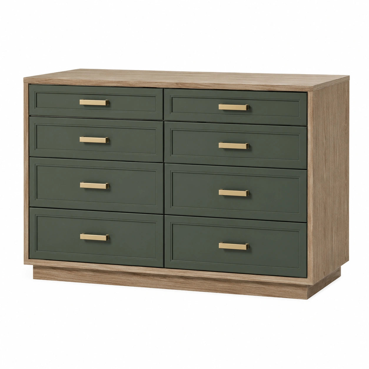 Cómoda de madera con cajones verde oliva y tiradores metálicos