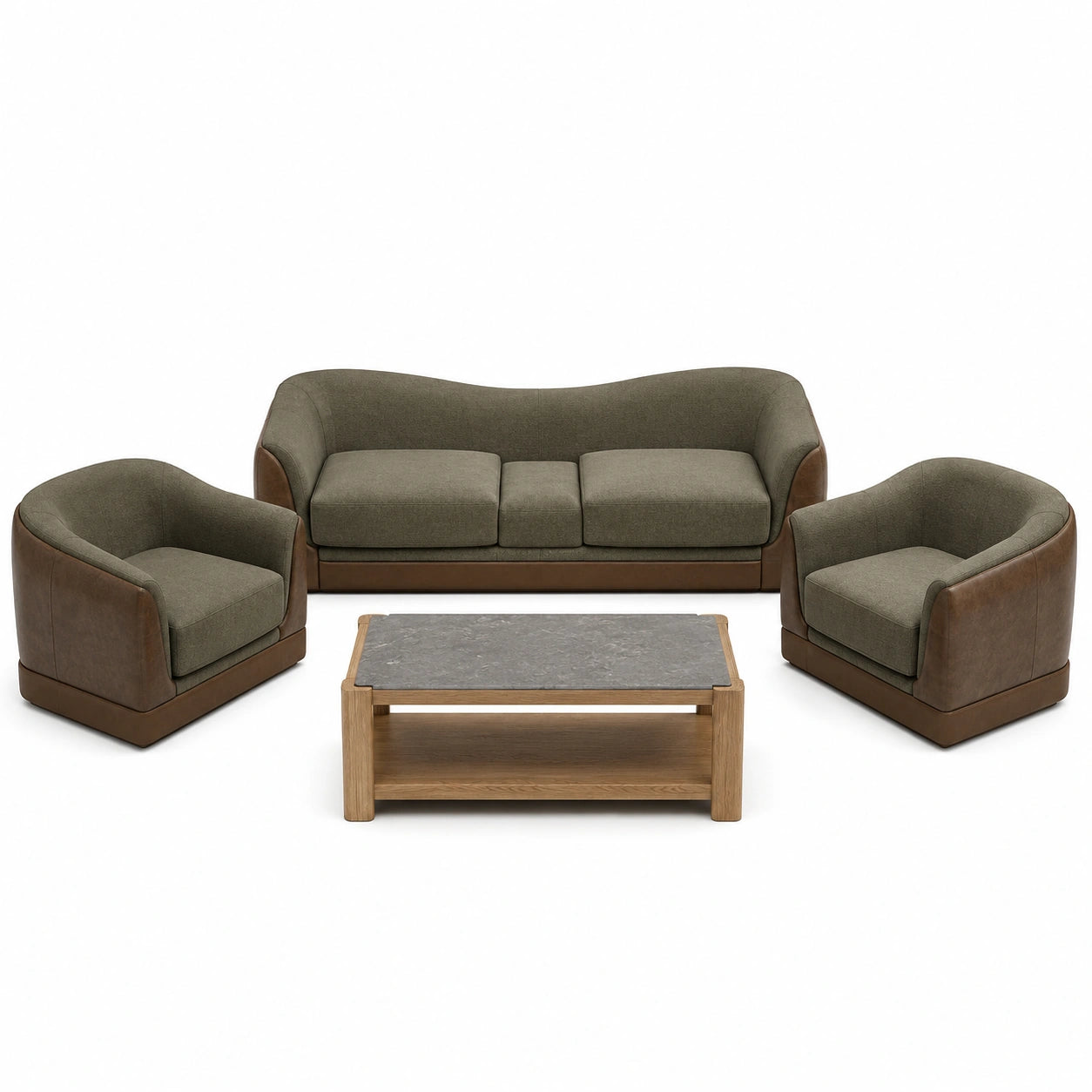 Conjunto de muebles de salón 4 piezas de tela y piel sintética con mesa de centro de madera y piedra