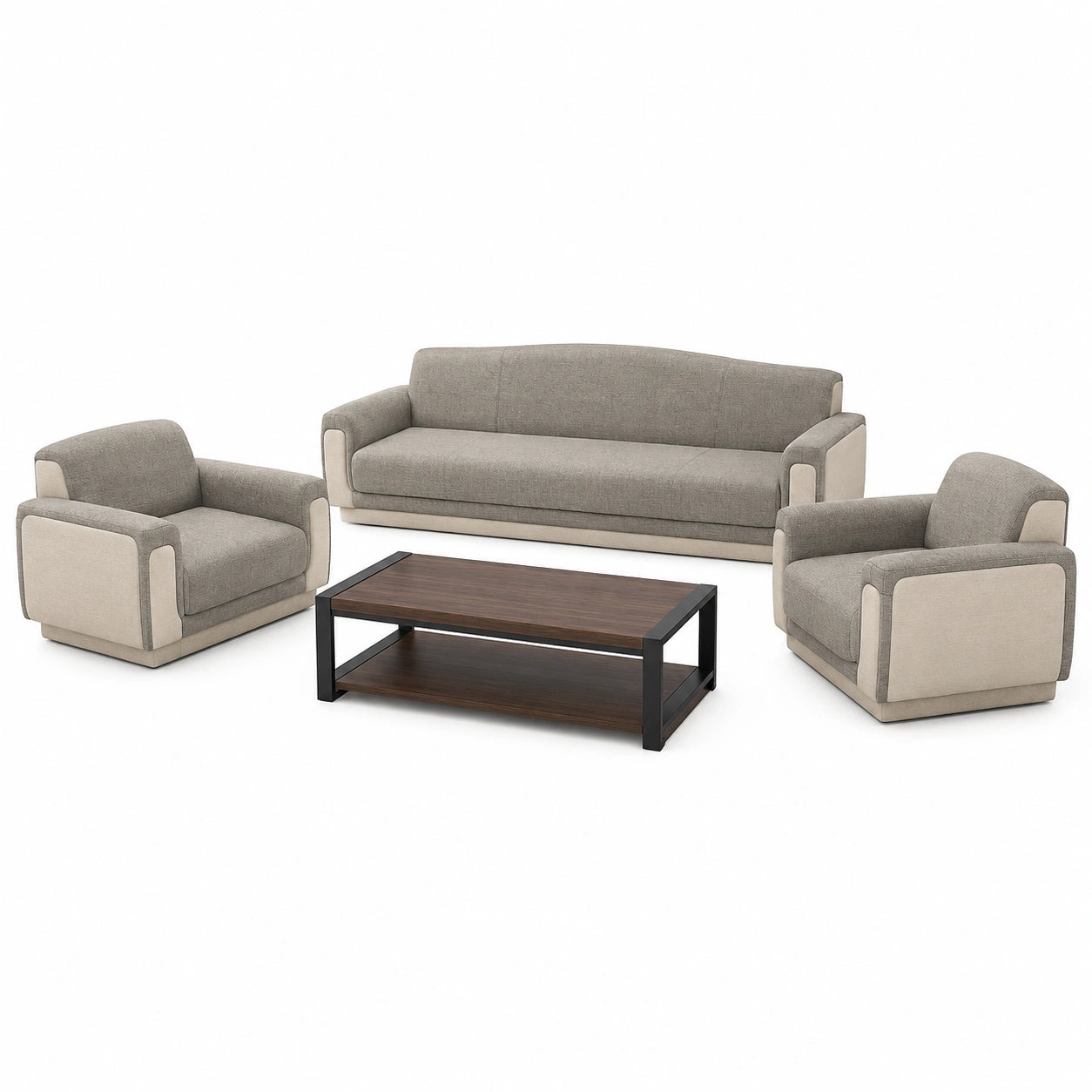 Conjunto de Sofá y Mesa de Centro en Tela Beige y Gris con Estructura Metálica