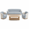 Conjunto de Sofás de Tela Azul y Beige con Mesa de Madera