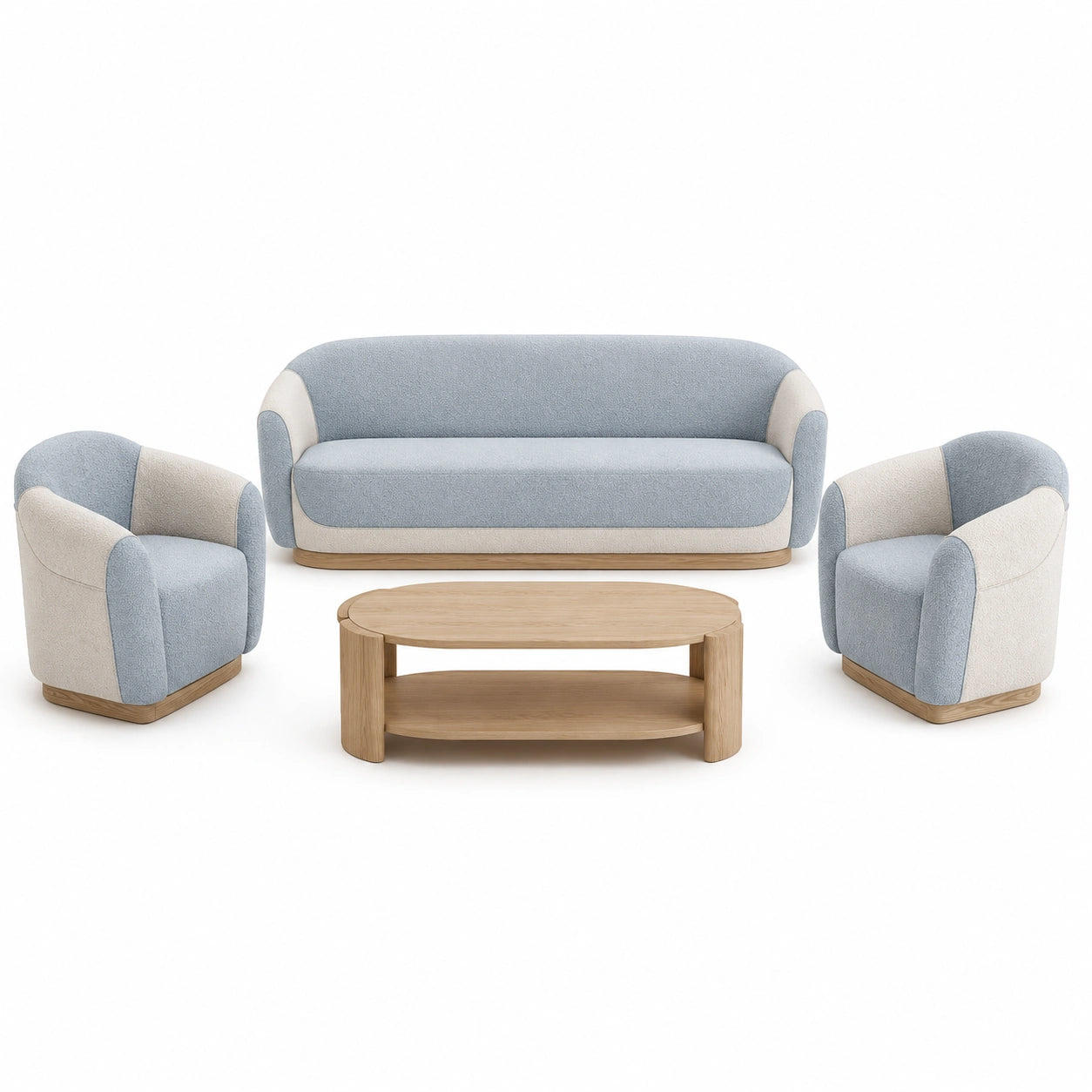 Conjunto de Sofás de Tela Azul y Beige con Mesa de Madera