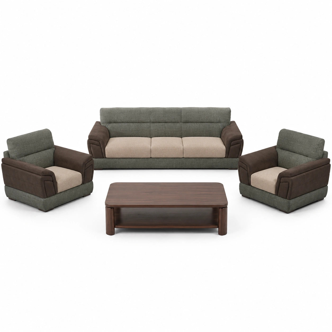 Conjunto de Sofás y Sillones en Tela con Mesa de Centro de Madera